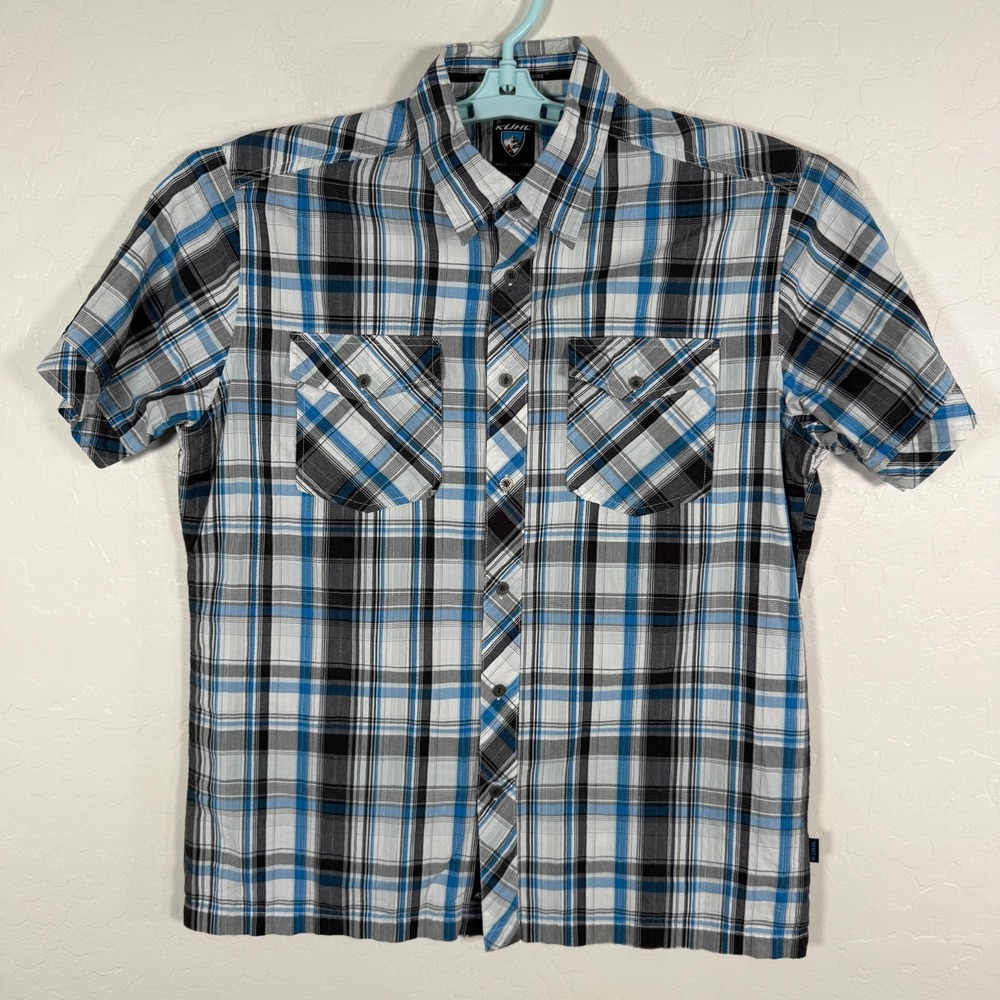 Kuhl Shirt Mens Medium White Blue Button Up Suncel‎ Cotton Blend Outdoor Hike